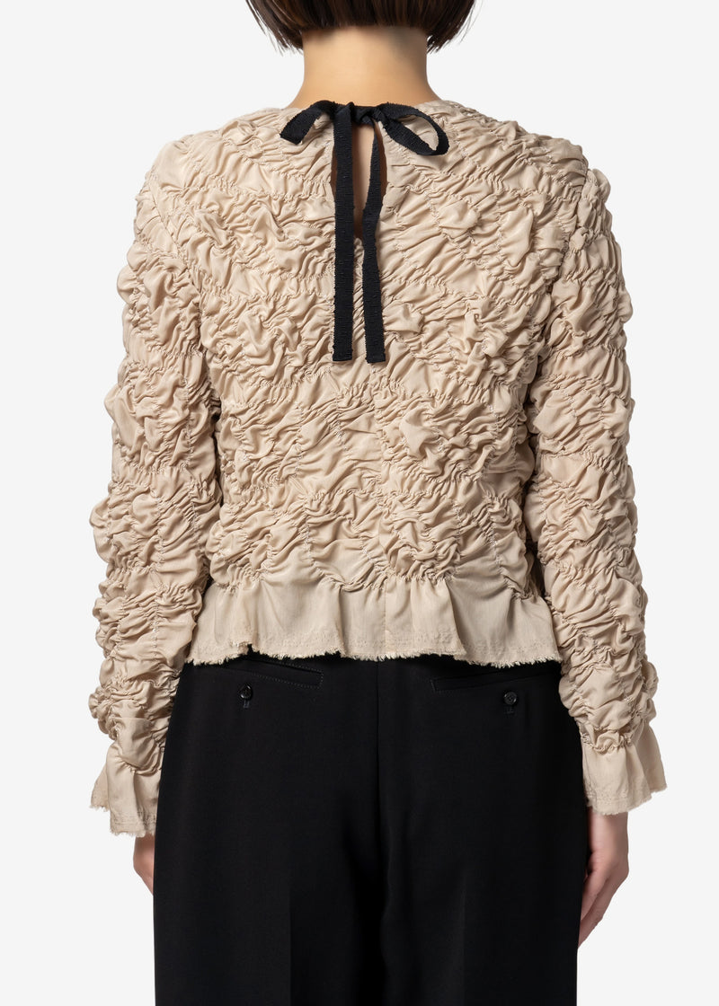 Plum blossom Shirring embroidery Long sleeve Blouse in Beige