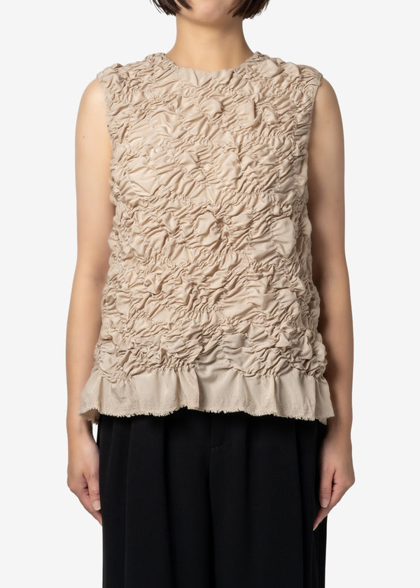Plum blossom Shirring embroidery Sleeveless Blouse in Beige
