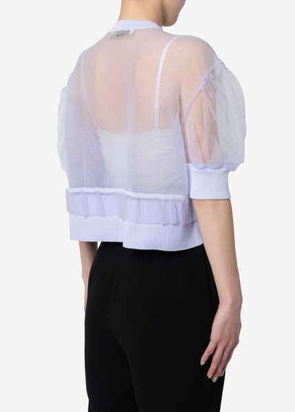 Sheer Knit Drop Shoulder Puff Sleeve Sweater in Lavender – Greed 