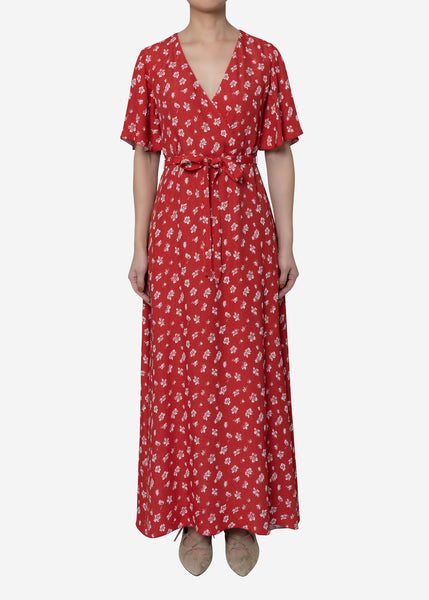 Flower Jacquard Wrap Dress in Red レディース - ロングワンピース