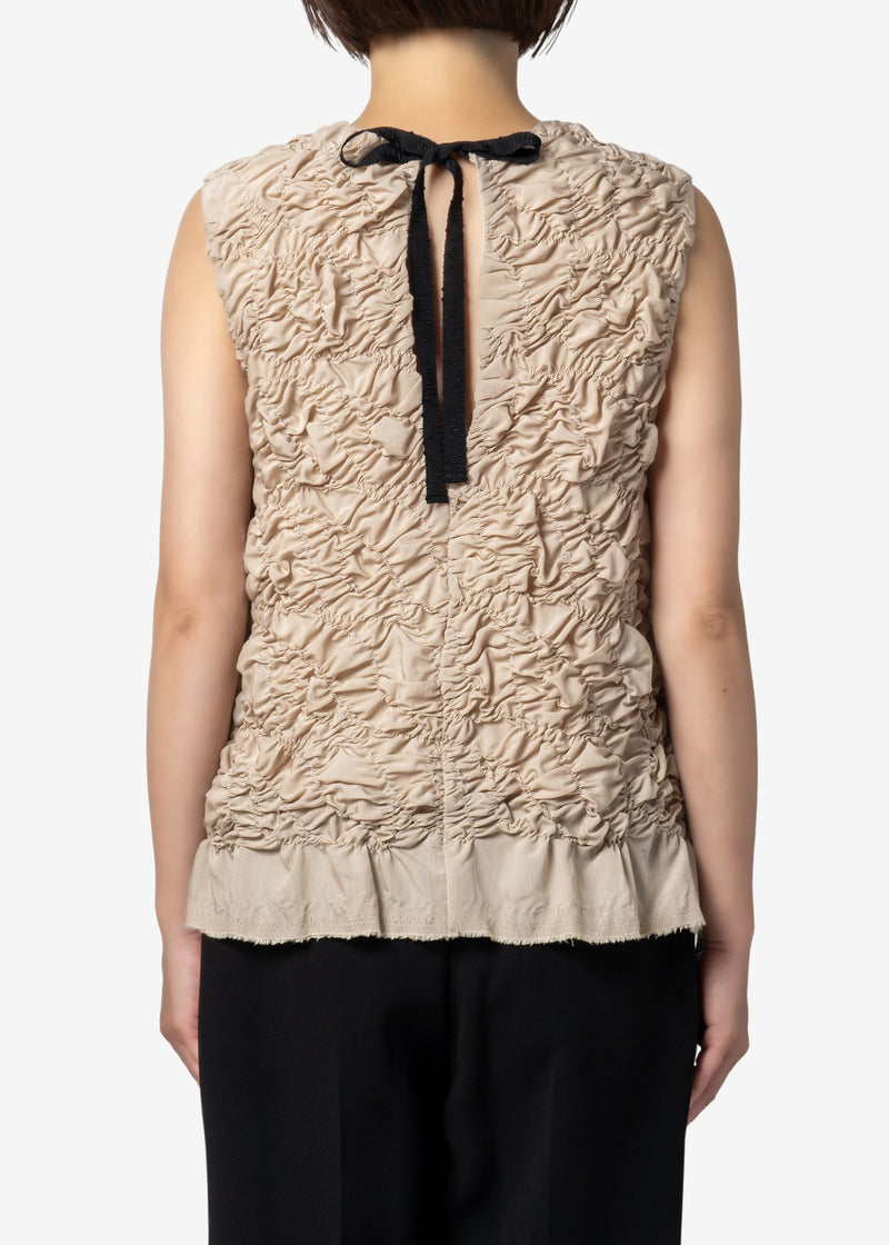 Plum blossom Shirring embroidery Sleeveless Blouse in Beige