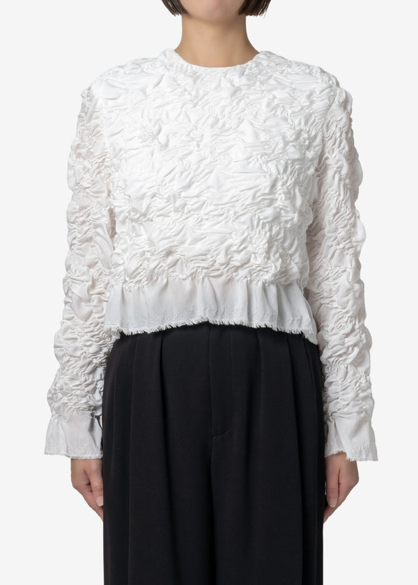 Plum blossom Shirring embroidery Long sleeve Blouse in White