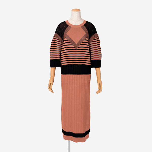 Pattern Stripe Knit Dress in Terracotta Mix