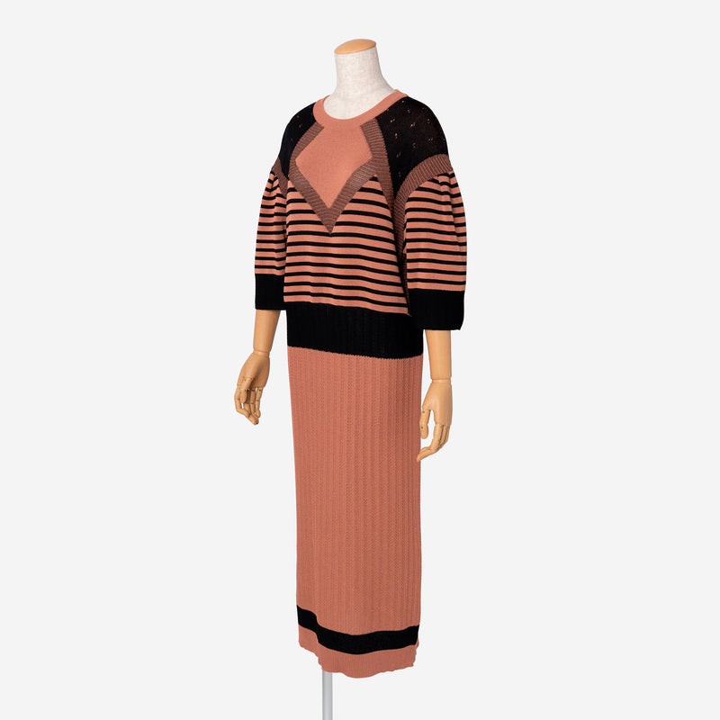 Pattern Stripe Knit Dress in Terracotta Mix