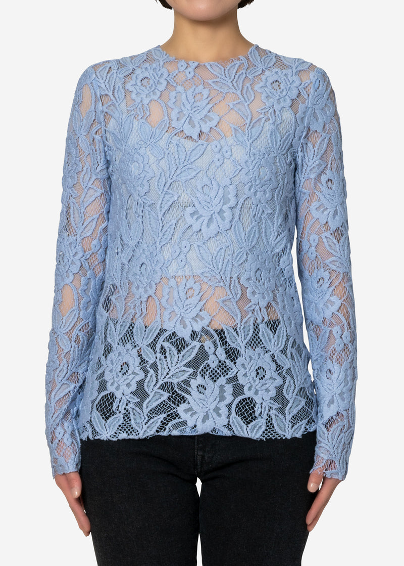 Floral Stretch Lace Crew neck Top in Blue