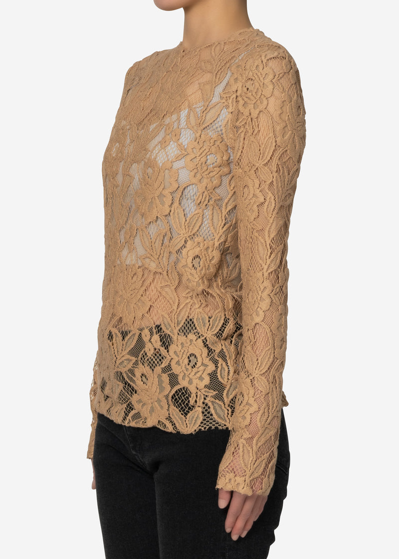 Floral Stretch Lace Crew neck Top in Beige
