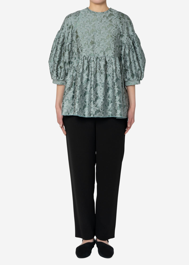Shiny Flower Jacquard Puff Blouse in Olive