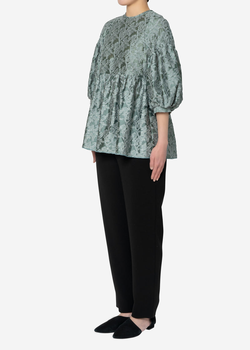 Shiny Flower Jacquard Puff Blouse in Olive