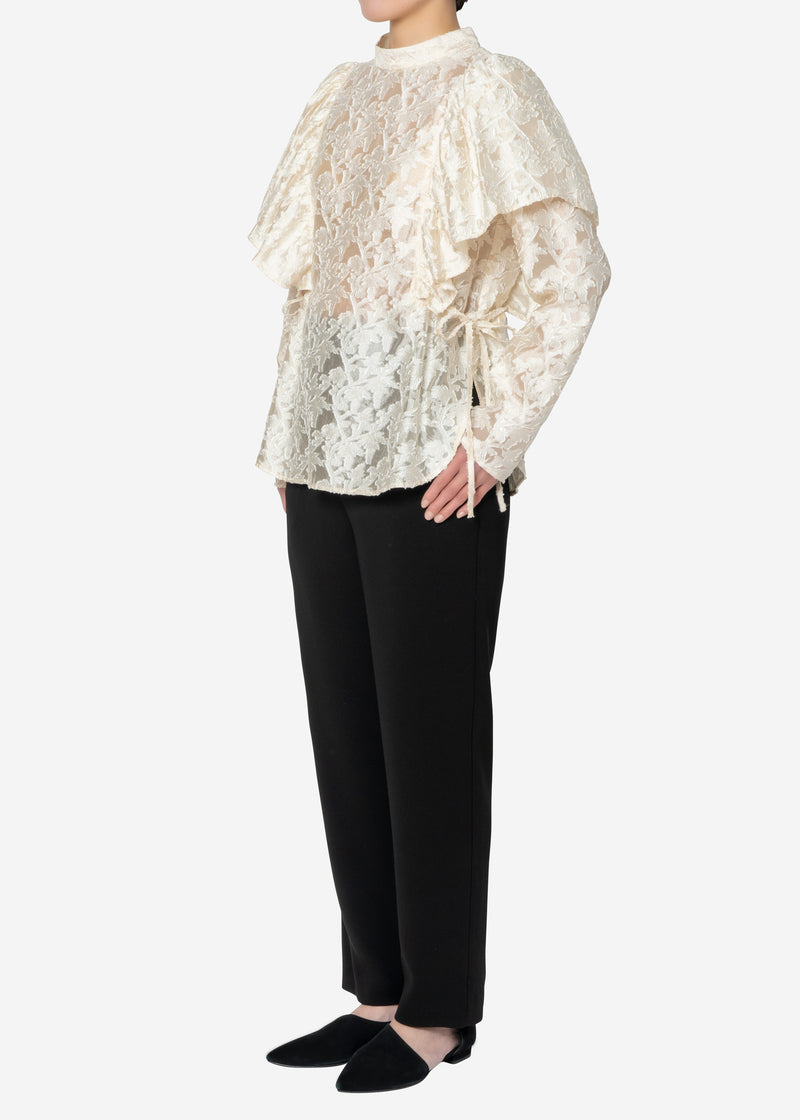 Shiny Flower Jacquard Frill Blouse in Ivory