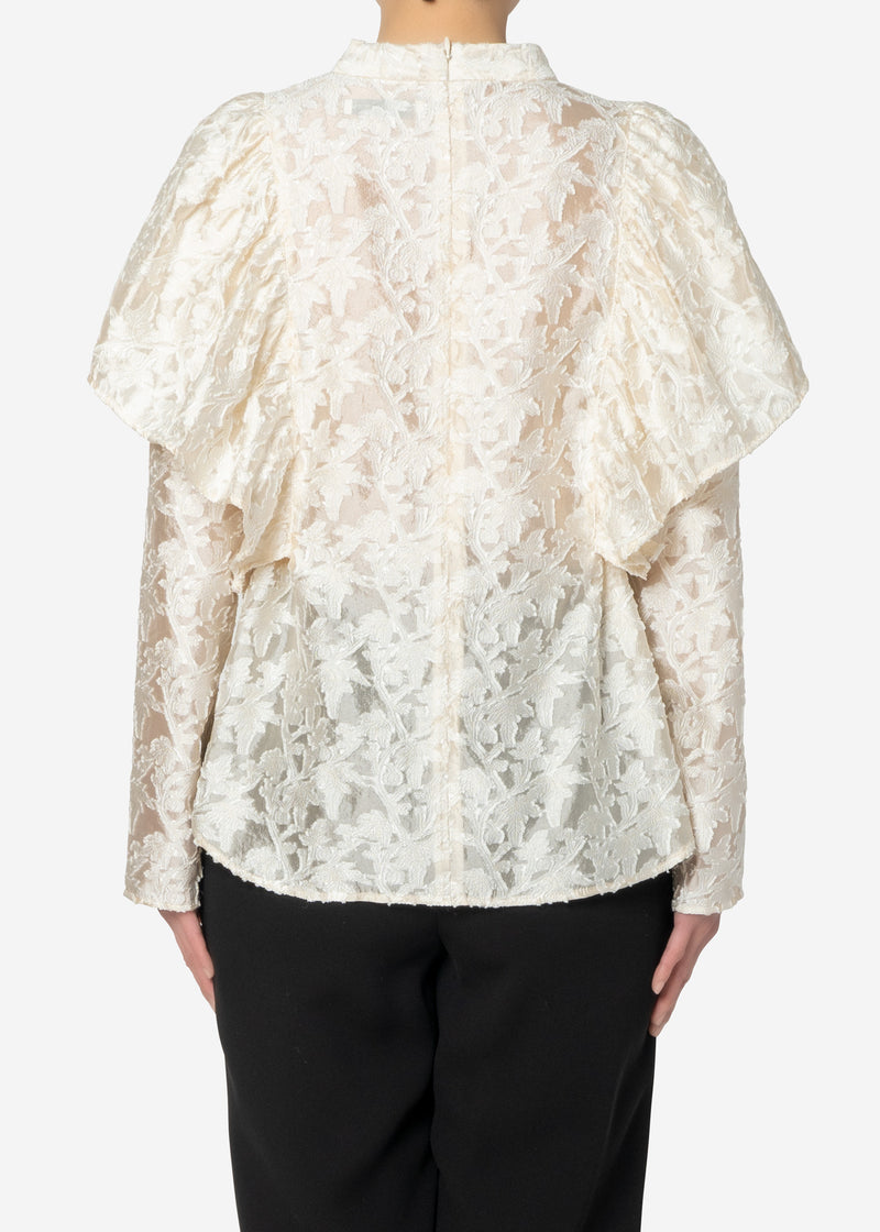 Shiny Flower Jacquard Frill Blouse in Ivory