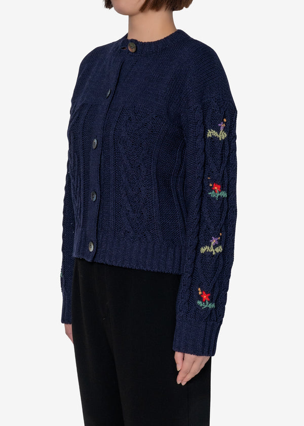 Cable Hand Stitch Cardigan in Navy