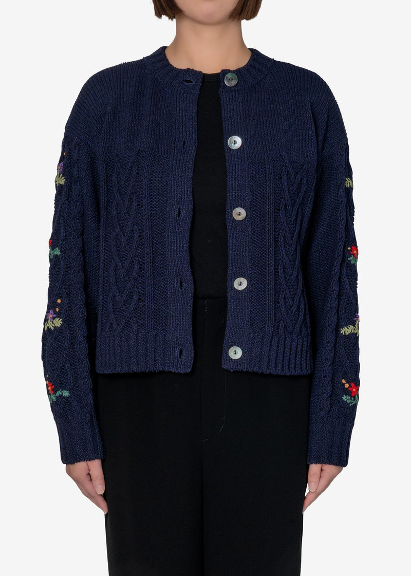Cable Hand Stitch Cardigan in Navy