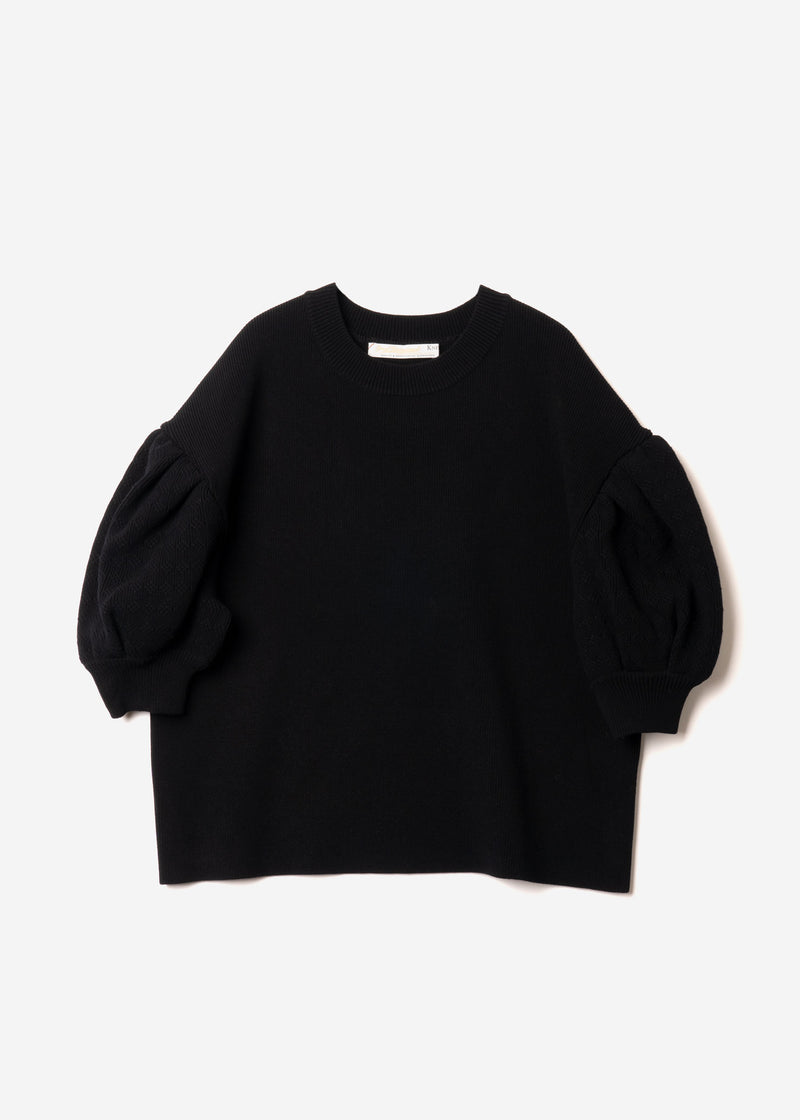 Stretch Cable Knit Drop Shoulder Puff Sleeve Sweater in Black