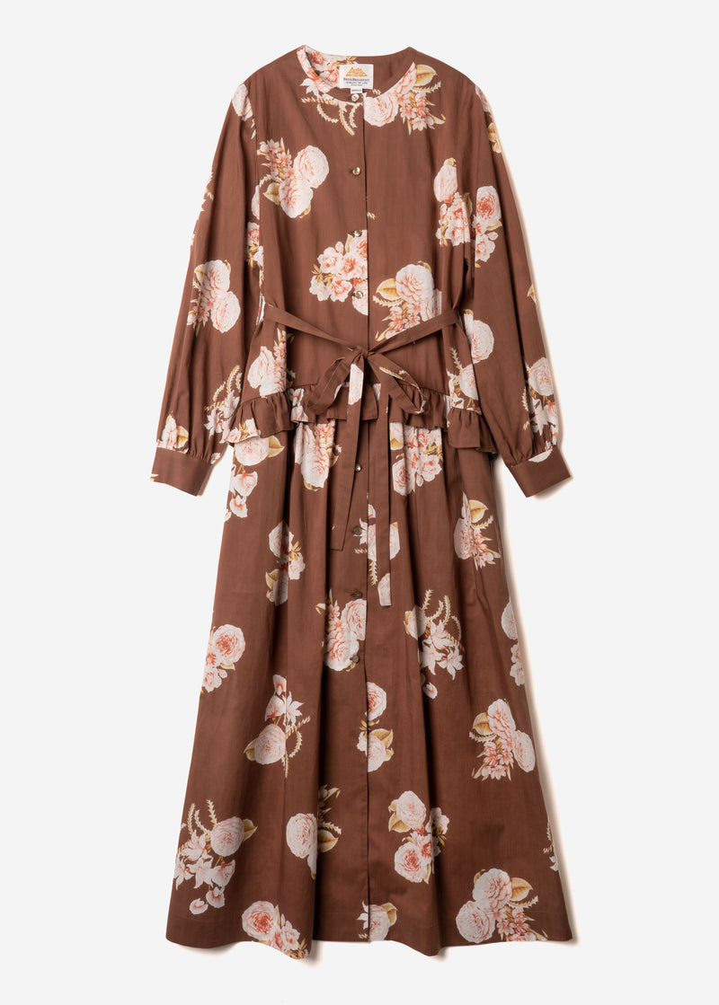 Antique Rose Print Waisted Frill Shirt Dress in Brown