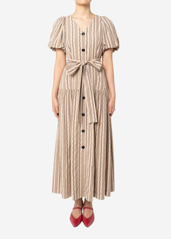 Dobby Stripes Waisted Ribbon Button Front Dress in Beige