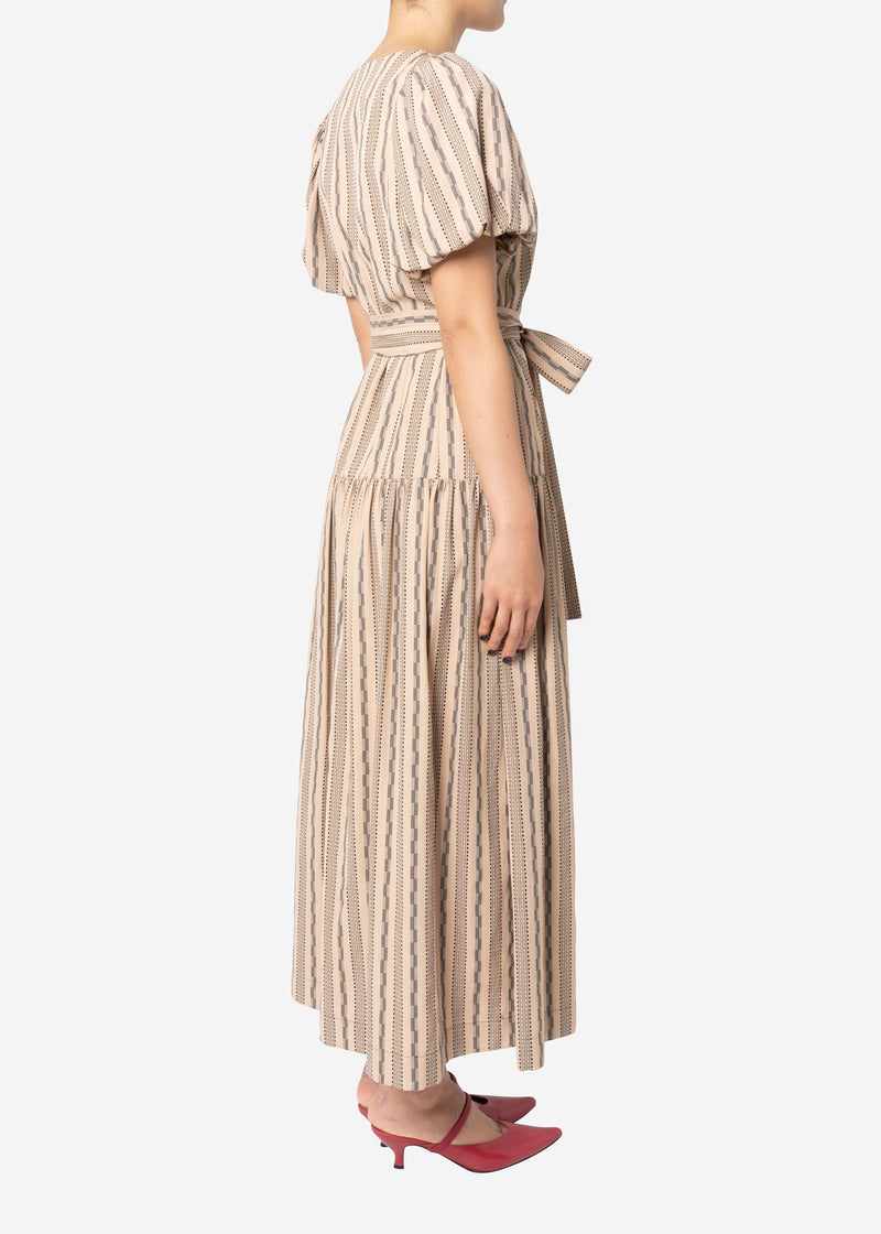 Dobby Stripes Waisted Ribbon Button Front Dress in Beige