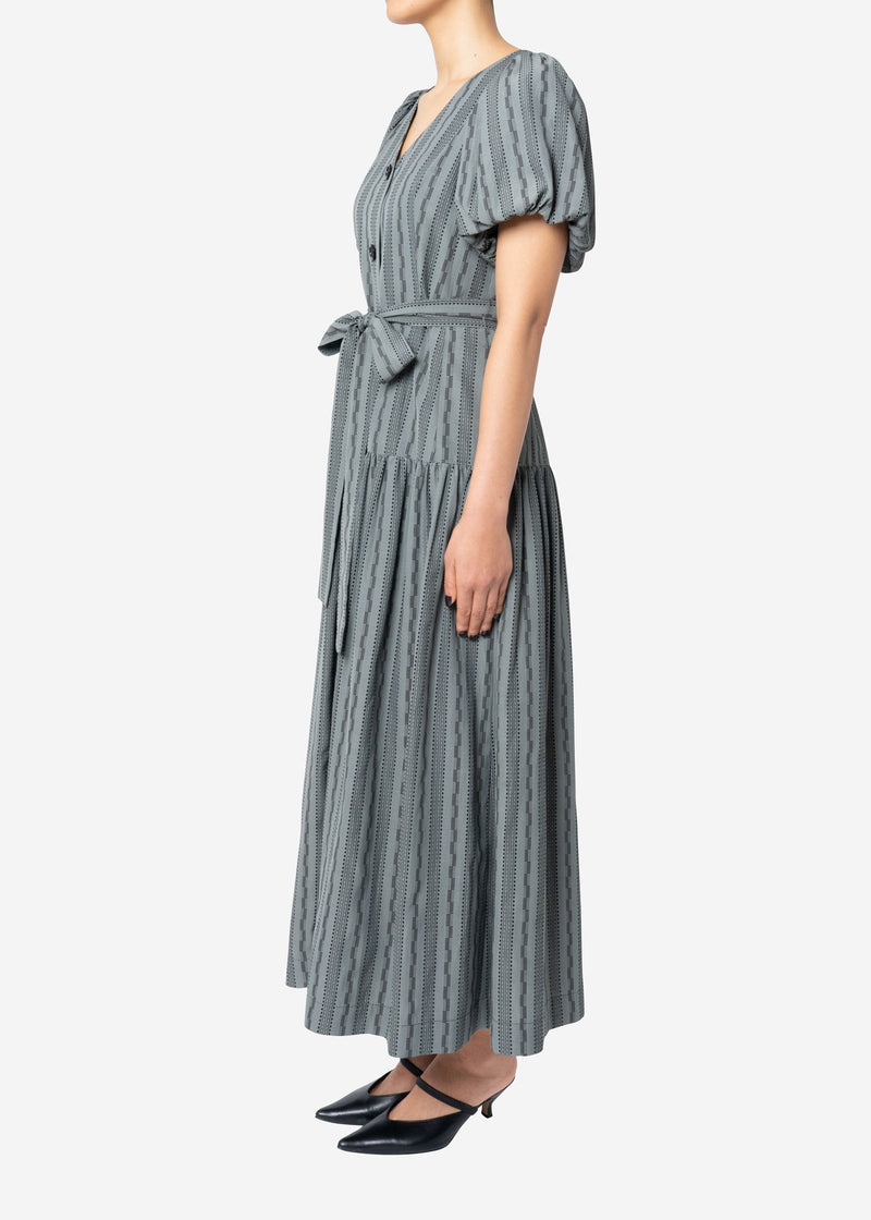 Dobby Stripes Waisted Ribbon Button Front Dress in Khaki