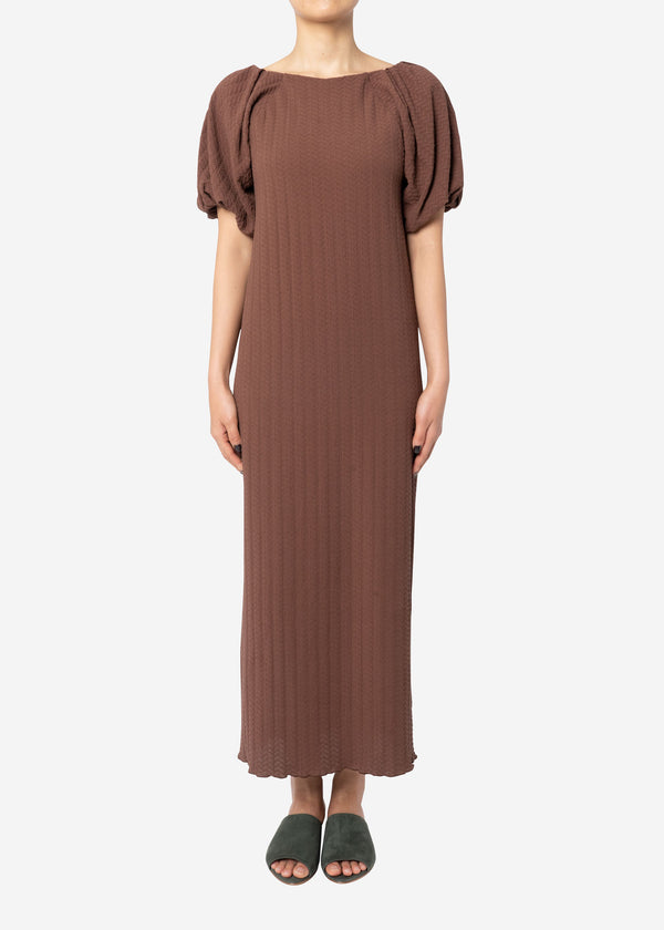 Twist Links Puff Sleeve Dress in Brown