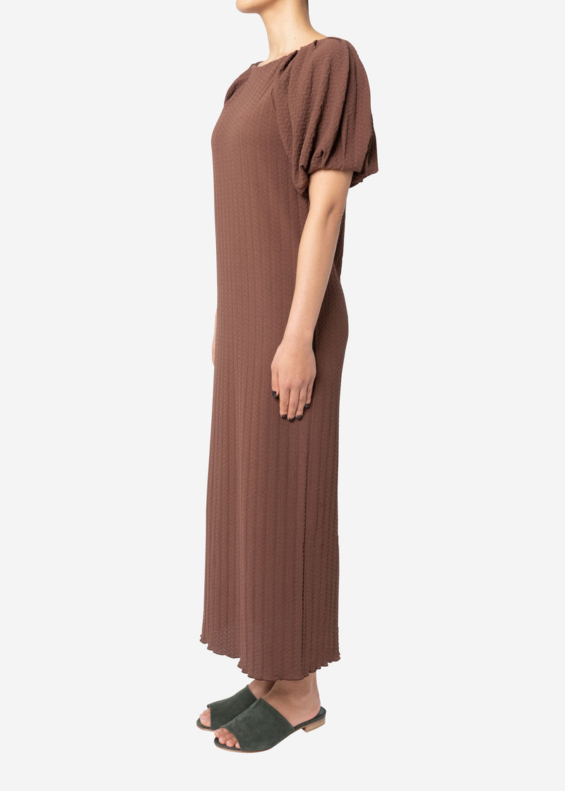 Twist Links Puff Sleeve Dress in Brown