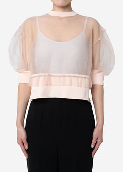 Sheer Knit Drop Shoulder Puff Sleeve Sweater in Light Pink