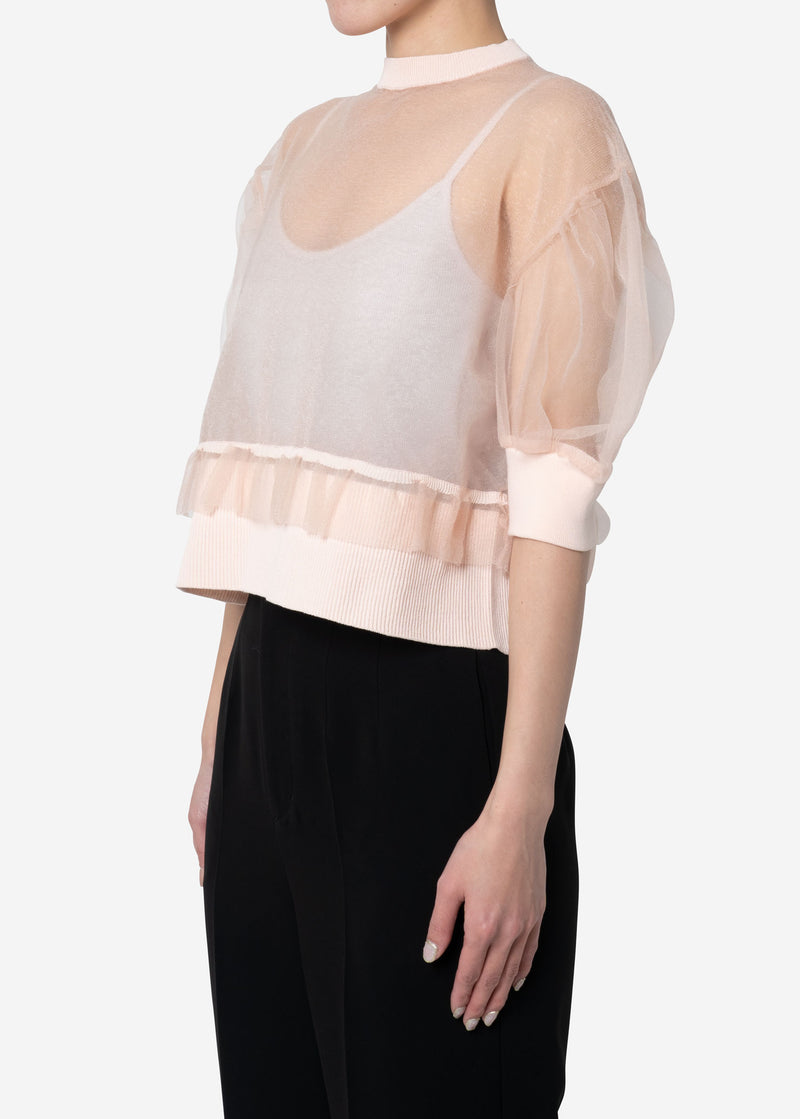 Sheer Knit Drop Shoulder Puff Sleeve Sweater in Light Pink