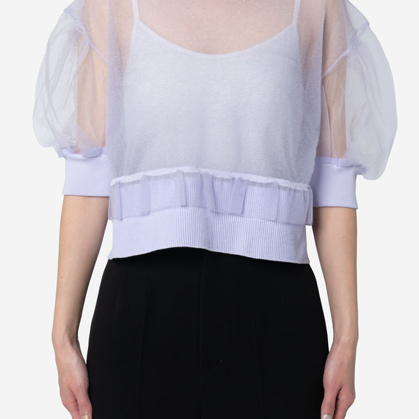 Sheer Knit Drop Shoulder Puff Sleeve Sweater in Lavender – Greed 
