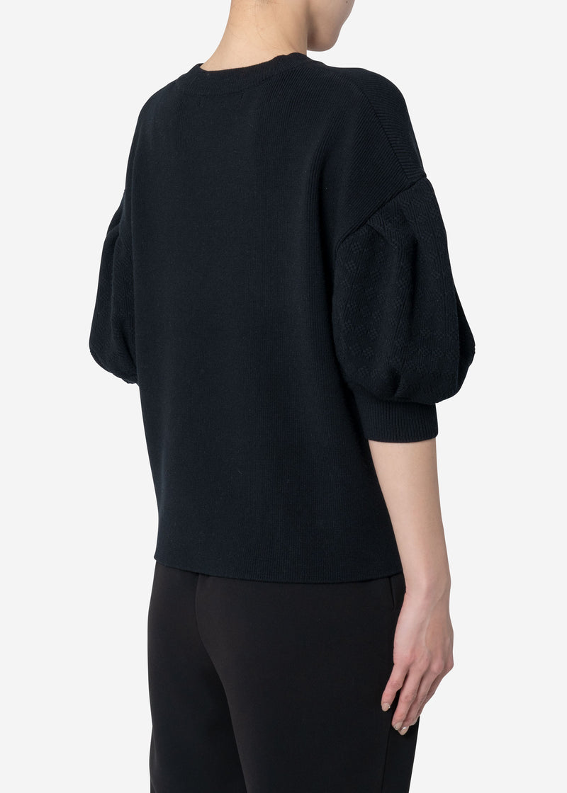 Stretch Cable Knit Drop Shoulder Puff Sleeve Sweater in Black