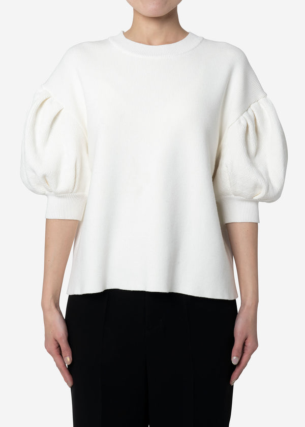 Stretch Cable Knit Drop Shoulder Puff Sleeve Sweater in Off White