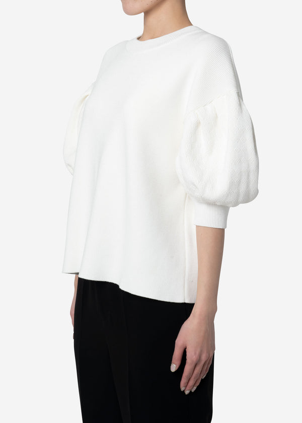Stretch Cable Knit Drop Shoulder Puff Sleeve Sweater in Off White
