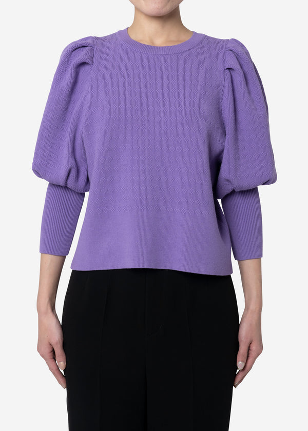 Stretch Cable Knit Puff Sleeve Cropped Sweater in Lavender