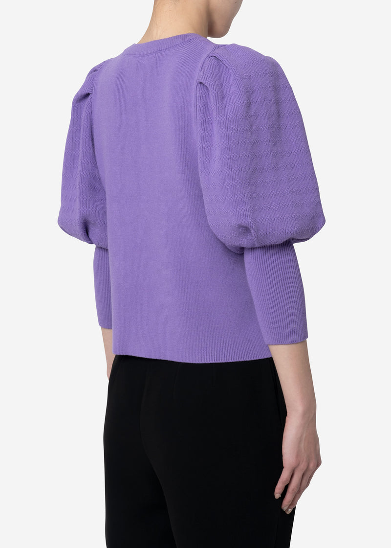 Stretch Cable Knit Puff Sleeve Cropped Sweater in Lavender