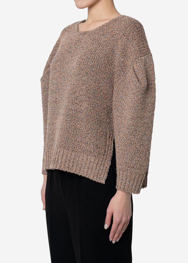 Wave Tape Knit Cropped Pullover Sweater in Beige