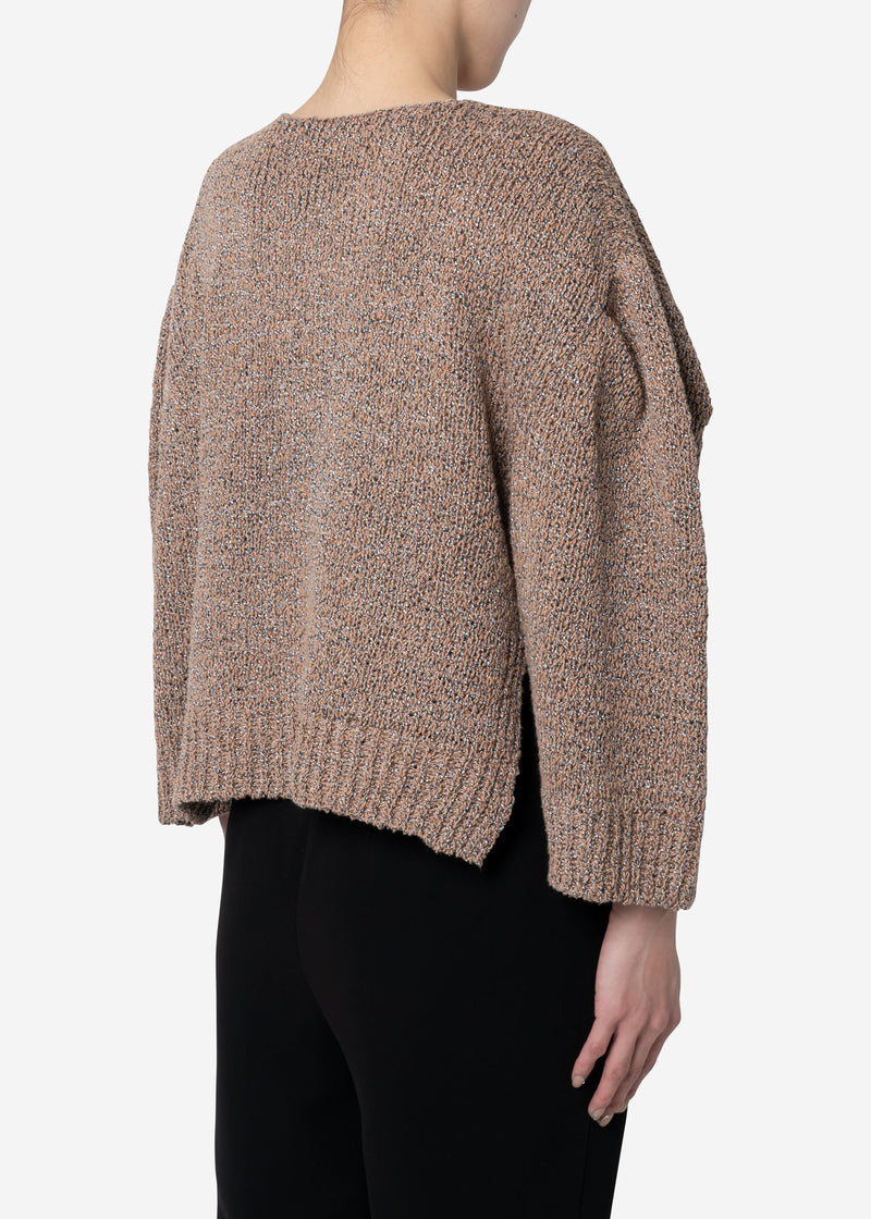 Wave Tape Knit Cropped Pullover Sweater in Beige