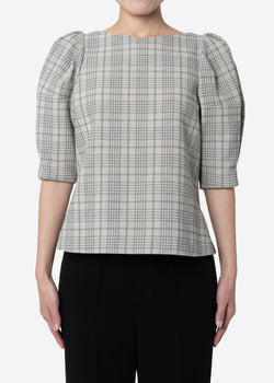 Cotton Over Plaid Puff Sleeves Blouse in Other
