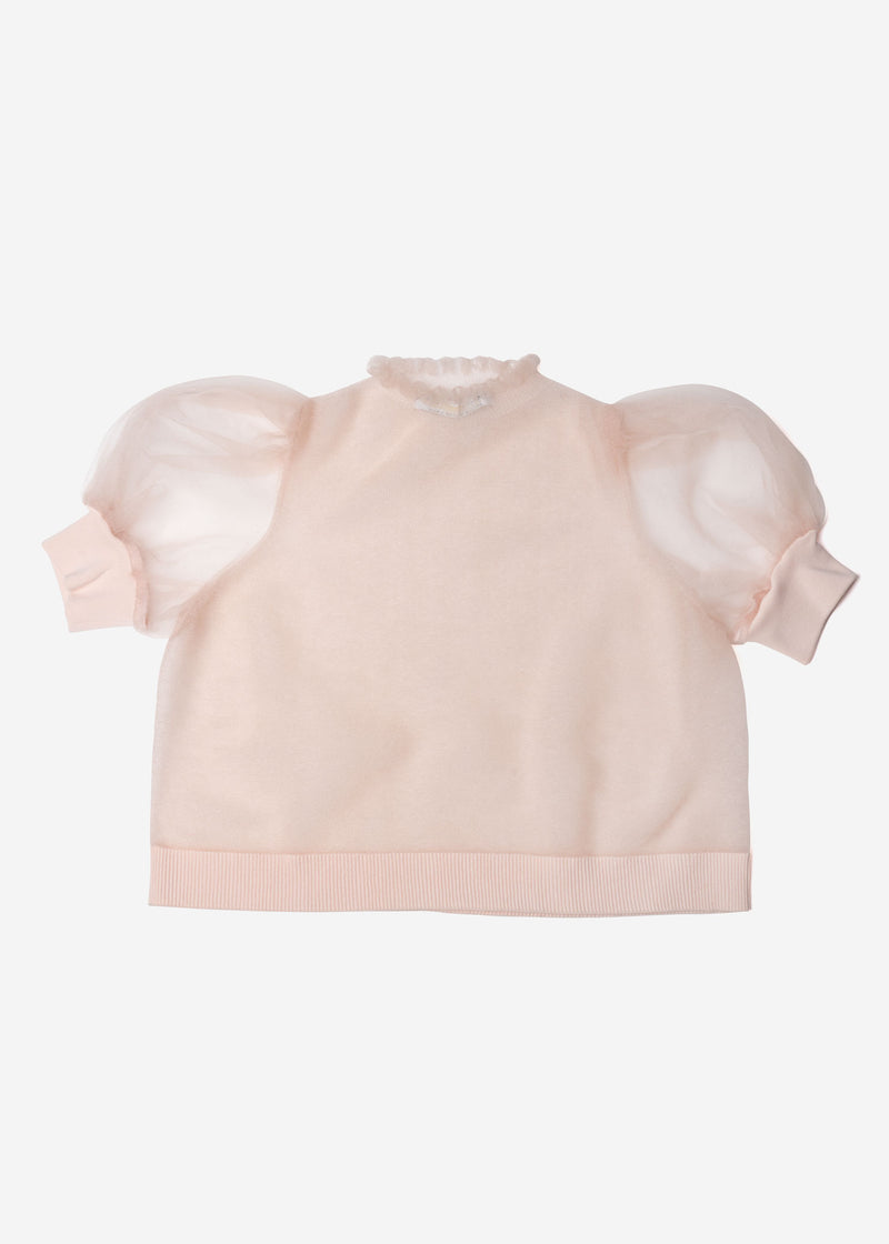Sheer Knit Puff Sleeve Cropped Pullover Sweater in Light Pink
