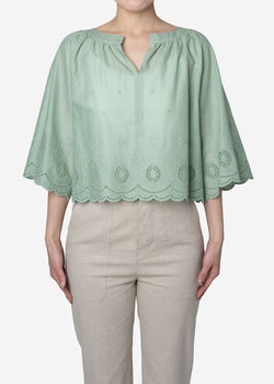 Scallop Embroidery ‎Raglan Blouse in Sage