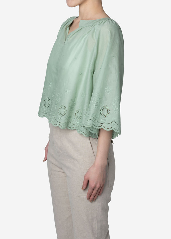 Scallop Embroidery ‎Raglan Blouse in Sage