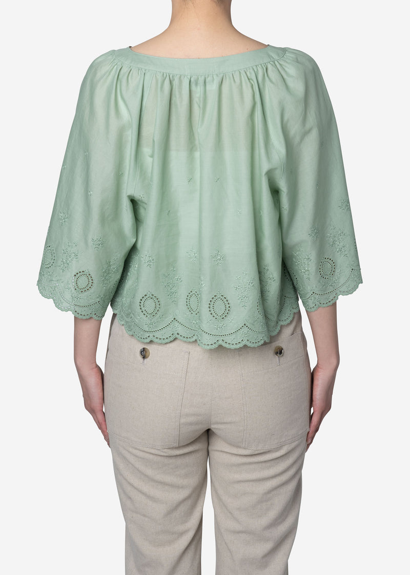 Scallop Embroidery ‎Raglan Blouse in Sage
