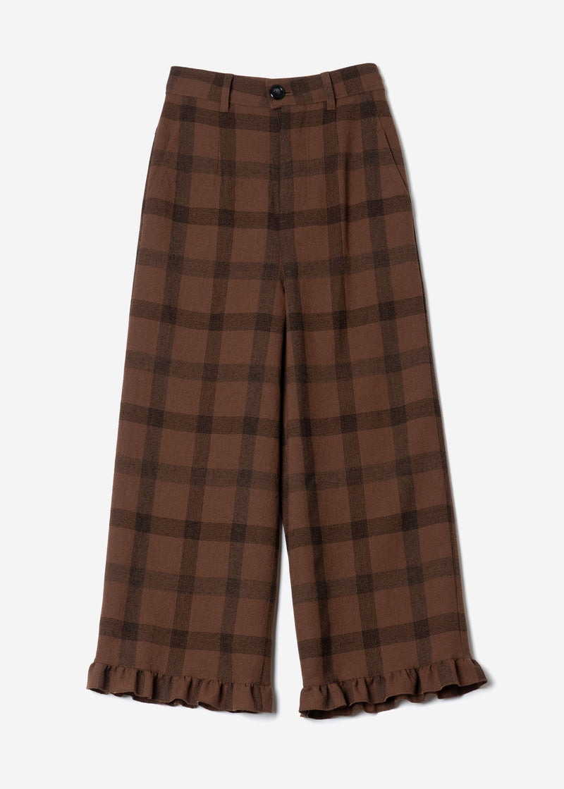 Wool Check Frill Pants in Brown
