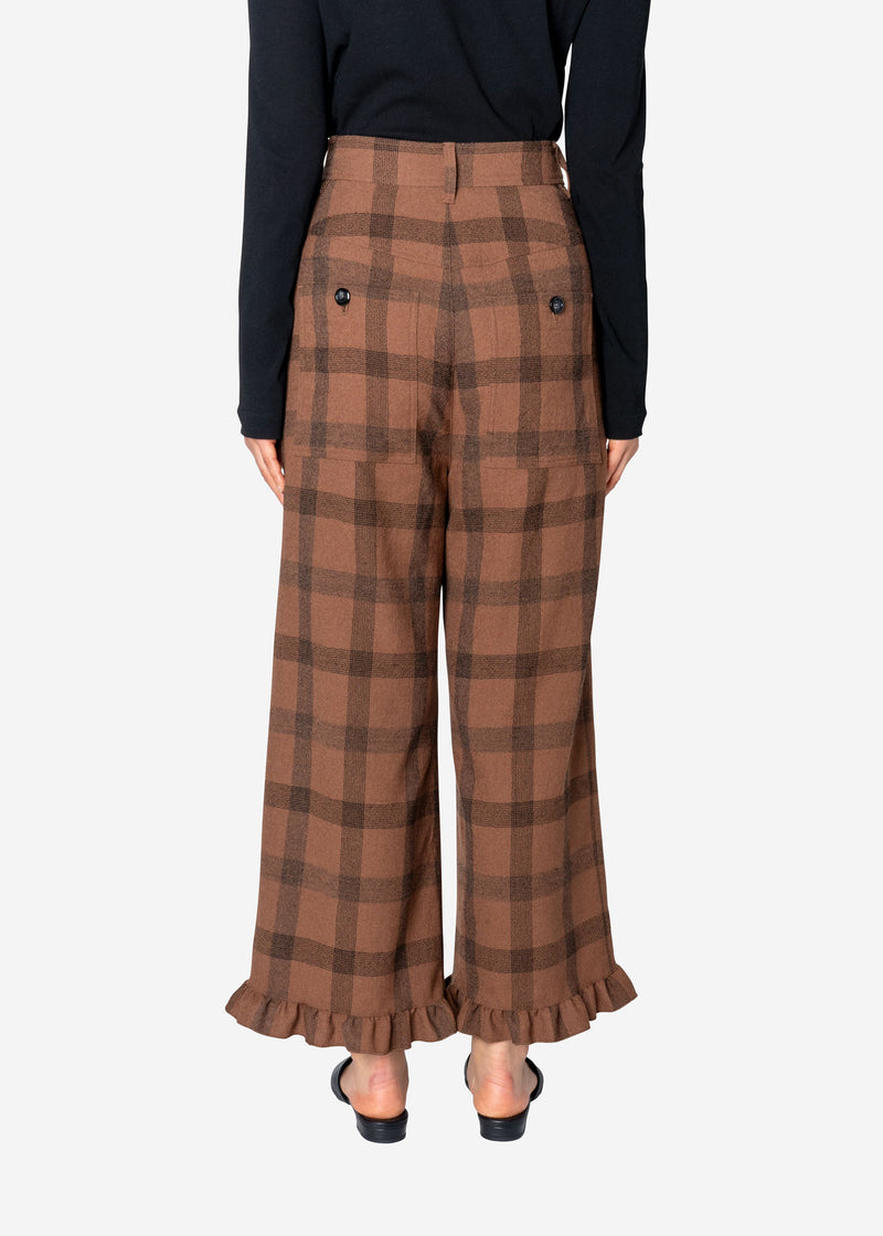 Wool Check Frill Pants in Brown