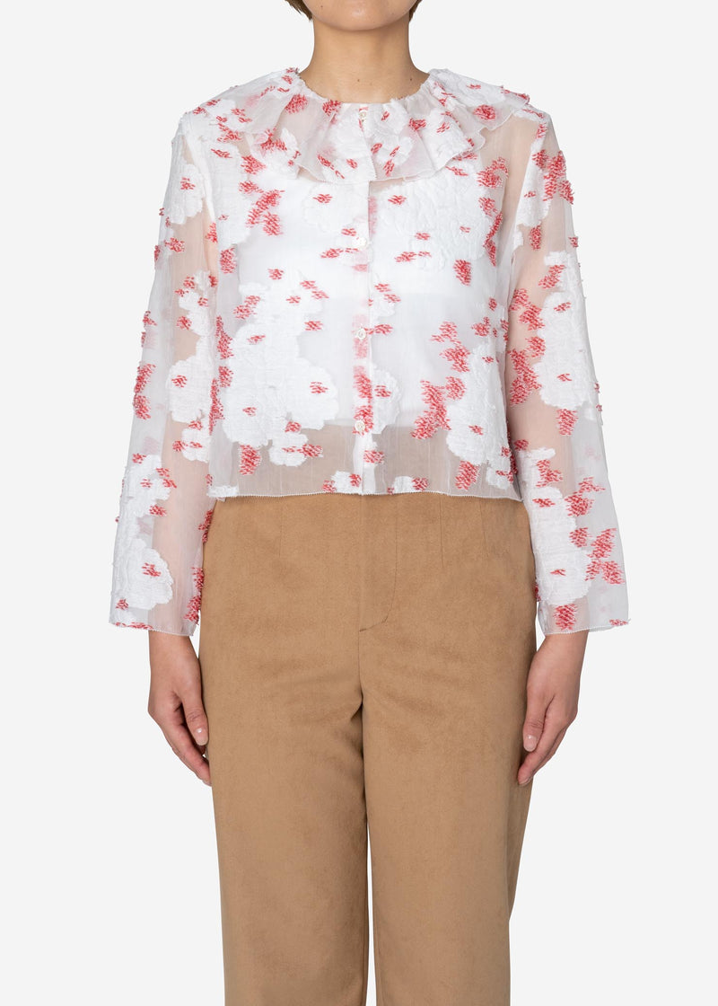 Peony Jacquard Frill Blouse in White