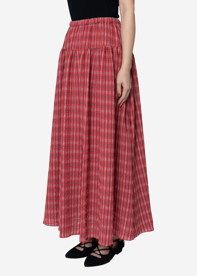 Tuck Check Gather Skirt in Red
