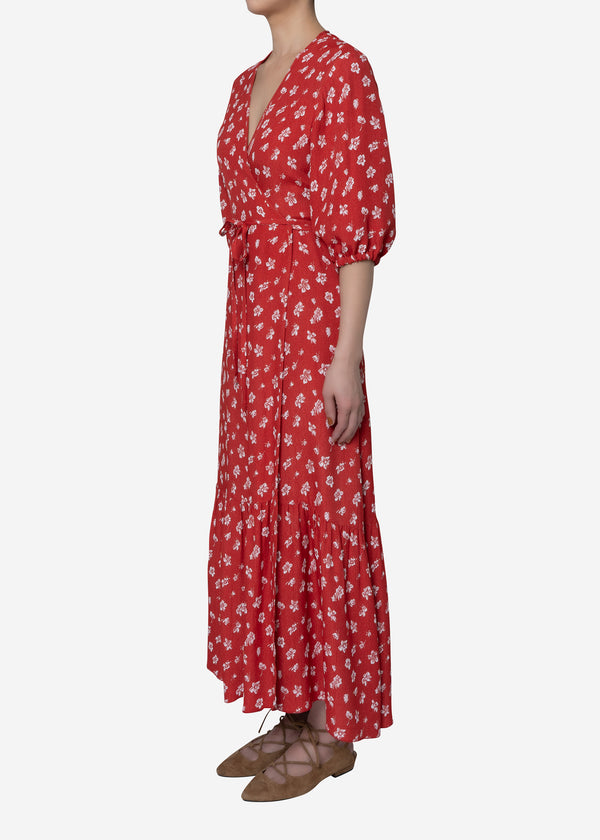 Summer Flower Jacquard Wrap Dress in Red