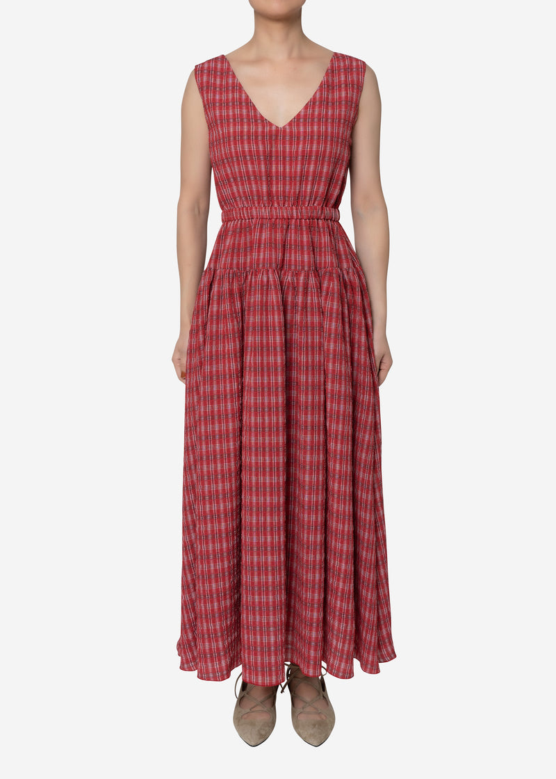 Tuck Check Gather Dress in Red