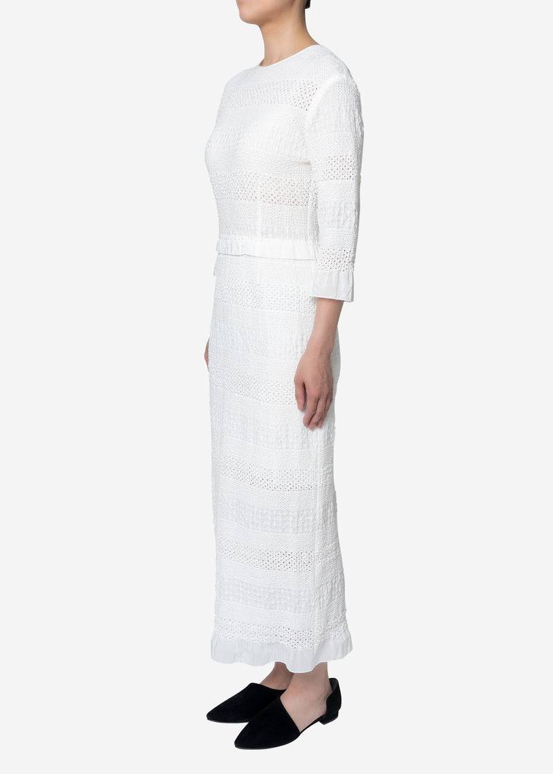 Shirring Embroidery Dress in White