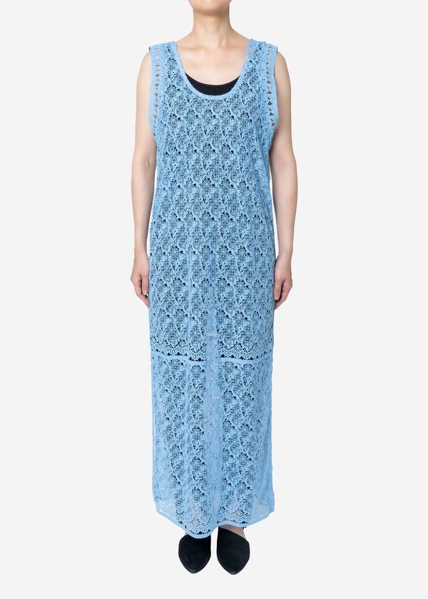 Floral Geometric Chemical Lace Dress in Blue