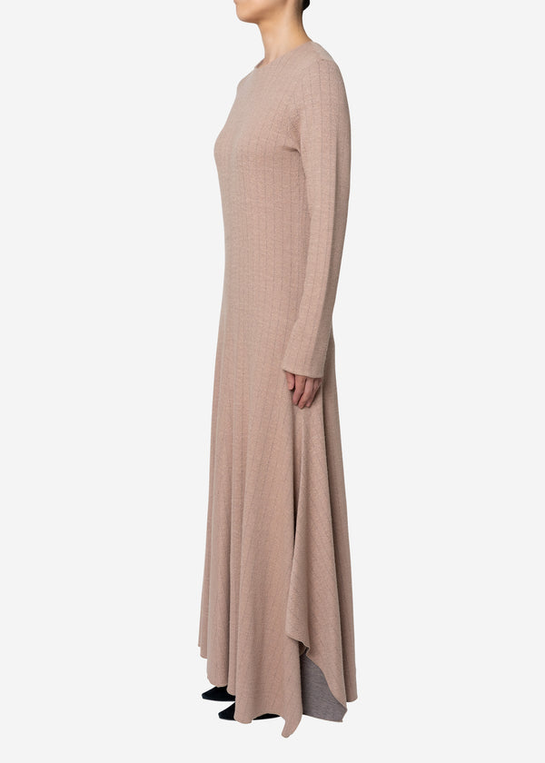 Super120s Wool Stripe Jacquard Dress in Beige
