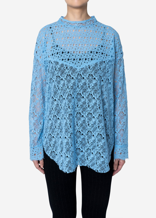 Floral Geometric Chemical Lace Mock Neck Blouse in Blue