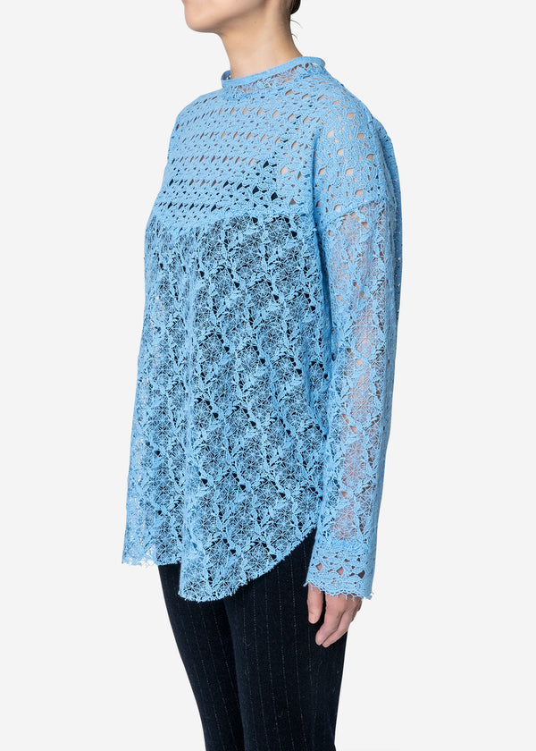 Floral Geometric Chemical Lace Mock Neck Blouse in Blue