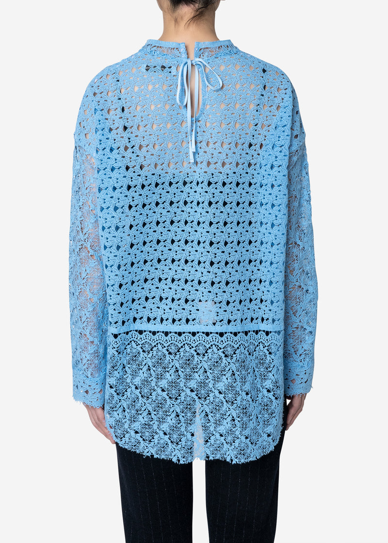 Floral Geometric Chemical Lace Mock Neck Blouse in Blue